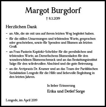 Traueranzeige von Margot Burgdorf von Peiner Nachrichten