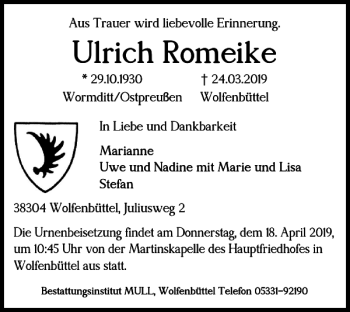 Traueranzeige von Ulrich Romeike von Wolfenbütteler Zeitung