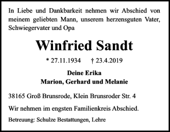 Traueranzeige von Winfried Sandt von Helmstedter Nachrichten