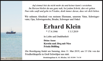 Traueranzeige von Erhard Klein von Wolfsburger Nachrichten