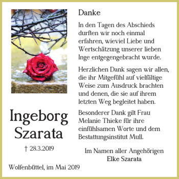 Traueranzeige von Ingeborg Szarata von Wolfenbütteler Zeitung