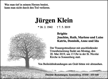 Traueranzeige von Jürgen Klein von Braunschweiger Zeitung