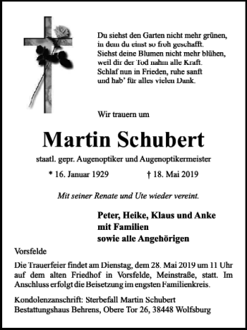 Traueranzeige von Martin Schubert von Wolfsburger Nachrichten