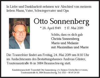 Traueranzeige von Otto Sonnenberg von Braunschweiger Zeitung