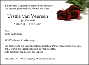 Traueranzeige von Ursula van Veersen von Braunschweiger Zeitung