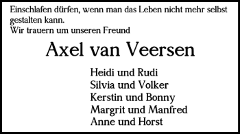 Traueranzeige von Axel van Veersen von Peiner Nachrichten