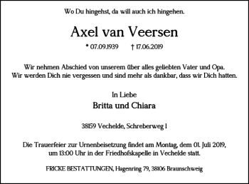 Traueranzeige von Axel van Veersen von Braunschweiger Zeitung