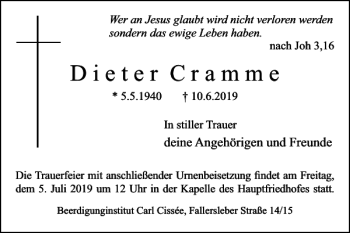 Traueranzeige von Dieter Cramme von Braunschweiger Zeitung