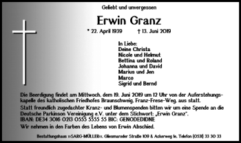 Traueranzeige von Erwin Granz von Braunschweiger Zeitung