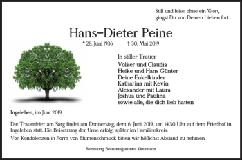 Traueranzeige von Hans-Dieter Peine von Helmstedter Nachrichten