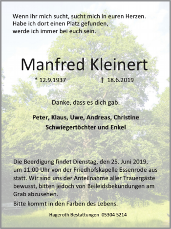 Traueranzeige von Manfred Kleinert von Helmstedter Nachrichten