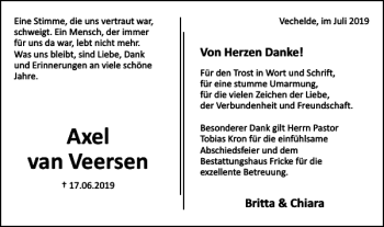 Traueranzeige von Axel van Veersen von Braunschweiger Zeitung