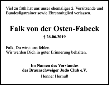 Traueranzeige von Falk von der Osten-Fabeck von Braunschweiger Zeitung