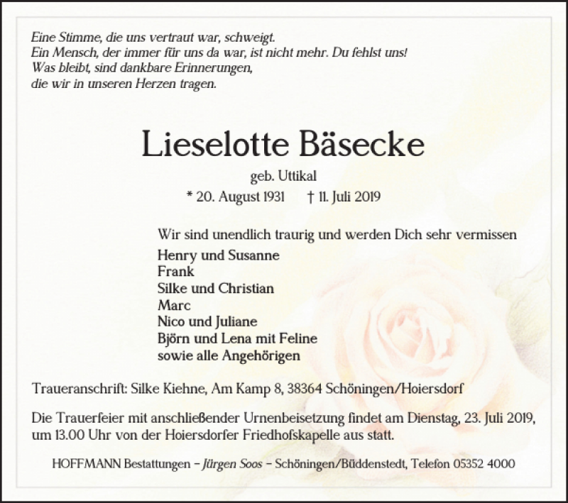 Traueranzeigen Von Lieselotte Bäsecke | Trauer38.de