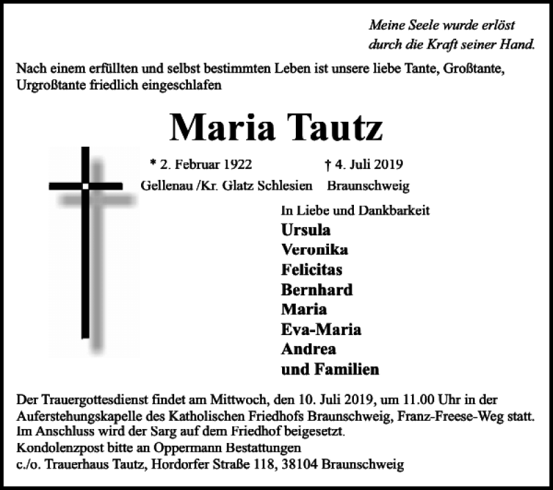  Traueranzeige für Maria Tautz vom 08.07.2019 aus Braunschweiger Zeitung