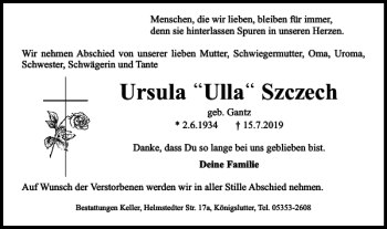 Traueranzeige von Ursula Ulla Szczech von Helmstedter Nachrichten