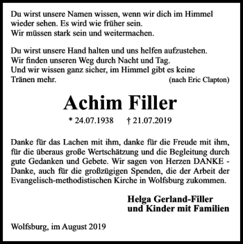 Traueranzeige von Achim Filler von Wolfsburger Nachrichten