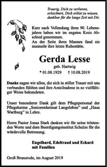 Traueranzeige von Gerda Lesse von Helmstedter Nachrichten