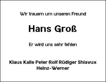 Traueranzeige von Hans Groß von Wolfsburger Nachrichten