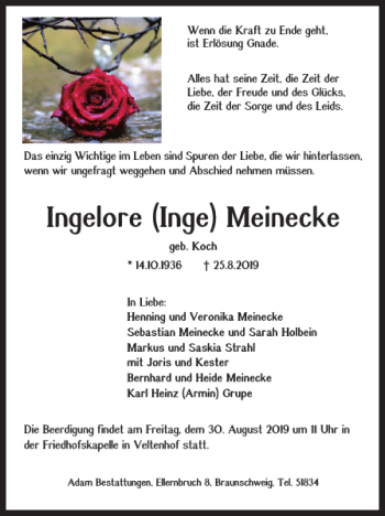 Traueranzeige von Ingelore Inge Meinecke von Braunschweiger Zeitung