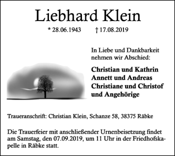 Traueranzeige von Liebhard Klein von Helmstedter Nachrichten