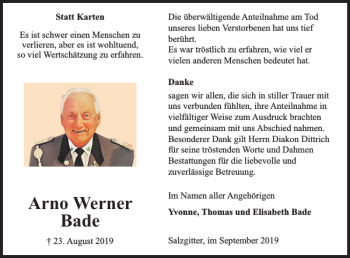 Traueranzeige von Arno Werner Bade von Salzgitter Zeitung