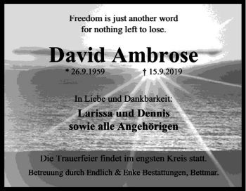 Traueranzeige von David Ambrose von Peiner Nachrichten