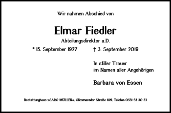 Traueranzeige von Elmar Fiedler von Braunschweiger Zeitung