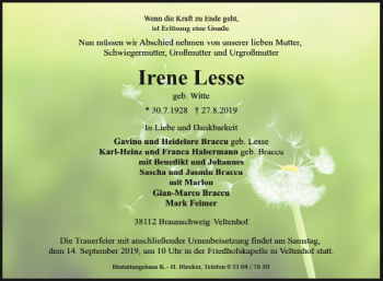 Traueranzeige von Irene Lesse von Braunschweiger Zeitung