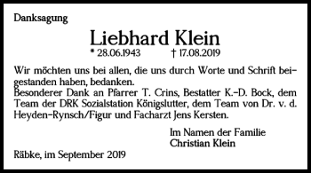 Traueranzeige von Liebhard Klein von Helmstedter Nachrichten