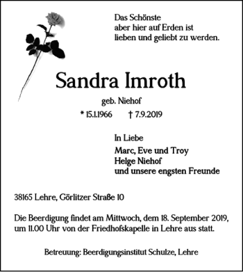 Traueranzeige von Sandra Imroth von Helmstedter Nachrichten