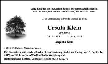 Traueranzeige von Ursula Klein von Wolfsburger Nachrichten