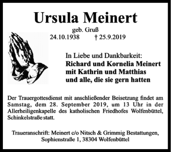 Traueranzeige von Ursula Meinert von Wolfenbütteler Zeitung