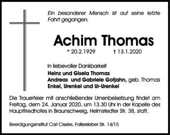 Traueranzeige von Achim Thomas von Braunschweiger Zeitung