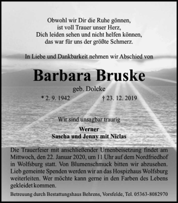 Traueranzeige von Barbara Bruske von Wolfsburger Nachrichten