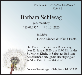 Traueranzeige von Barbara Schlesag von Salzgitter Zeitung