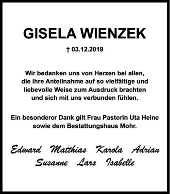 Traueranzeige von GISELA WIENZEK von Wolfsburger Nachrichten