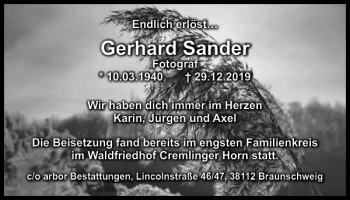 Traueranzeige von Gerhard Sander von Helmstedter Nachrichten