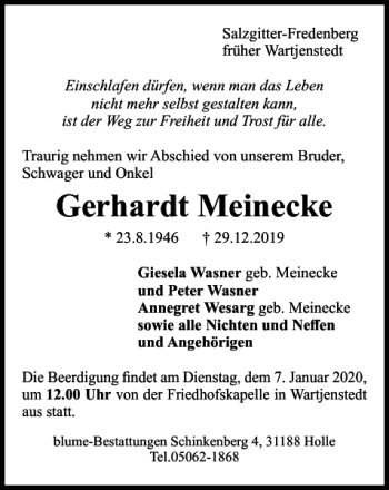 Traueranzeige von Gerhardt Meinecke von Salzgitter Zeitung