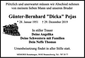 Traueranzeige von Günter-Bernhard Dicka Pejas von Braunschweiger Zeitung