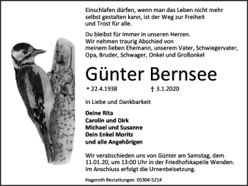 Traueranzeige von Günter Bernsee von Braunschweiger Zeitung