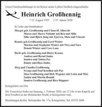 Traueranzeige von Heinrich Großhennig von Helmstedter Nachrichten