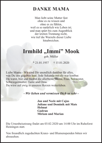 Traueranzeige von Irmhild Immi Mook von Wolfenbütteler Zeitung