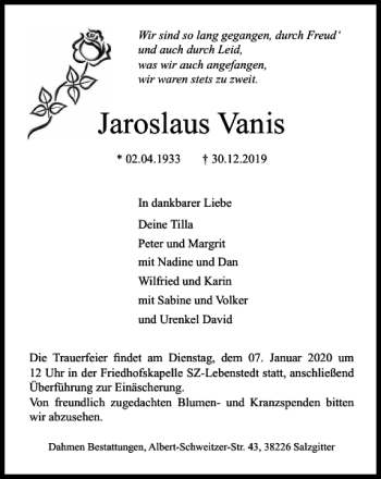 Traueranzeige von Jaroslaus Vanis von Salzgitter Zeitung