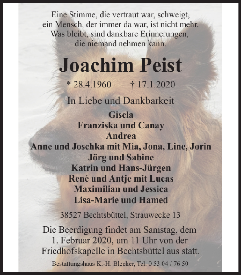  Traueranzeige für Joachim Peist vom 24.01.2020 aus Wolfsburger Nachrichten