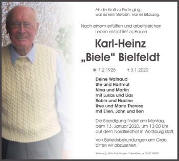 Traueranzeige von Karl-Heinz Biele Bielfeldt von Wolfsburger Nachrichten