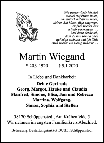 Traueranzeige von Martin Wiegand von Wolfenbütteler Zeitung