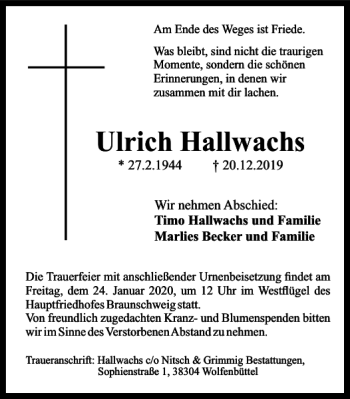 Traueranzeige von Ulrich Hallwachs von Braunschweiger Zeitung