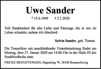 Traueranzeige von Uwe Sander von Braunschweiger Zeitung