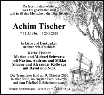 Traueranzeige von Achim Tischer von Braunschweiger Zeitung